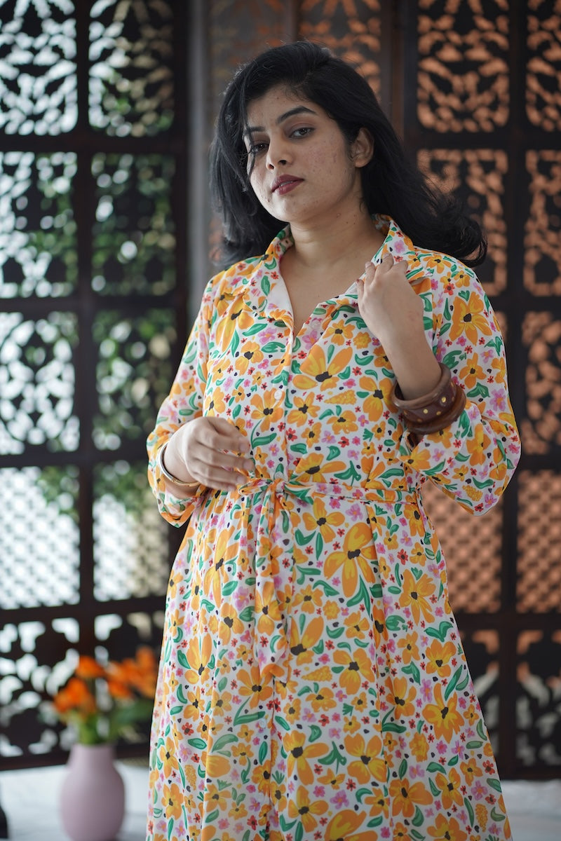 Arina WhiteYellow Floral Georgette dress
