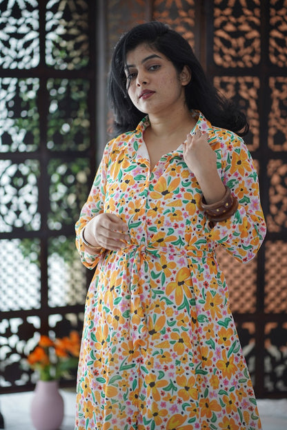 Arina WhiteYellow Floral Georgette dress
