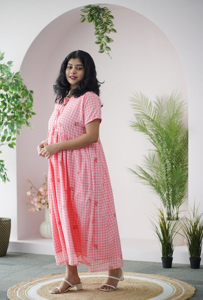 Arina Gingham Pink Checkered Georgette dress