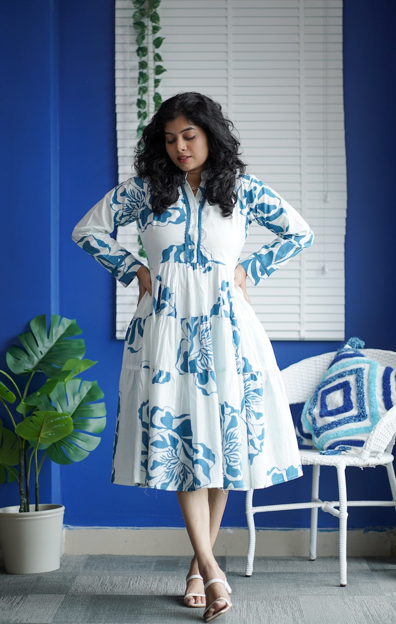 Maroba White Blue Floral Cotton Dress