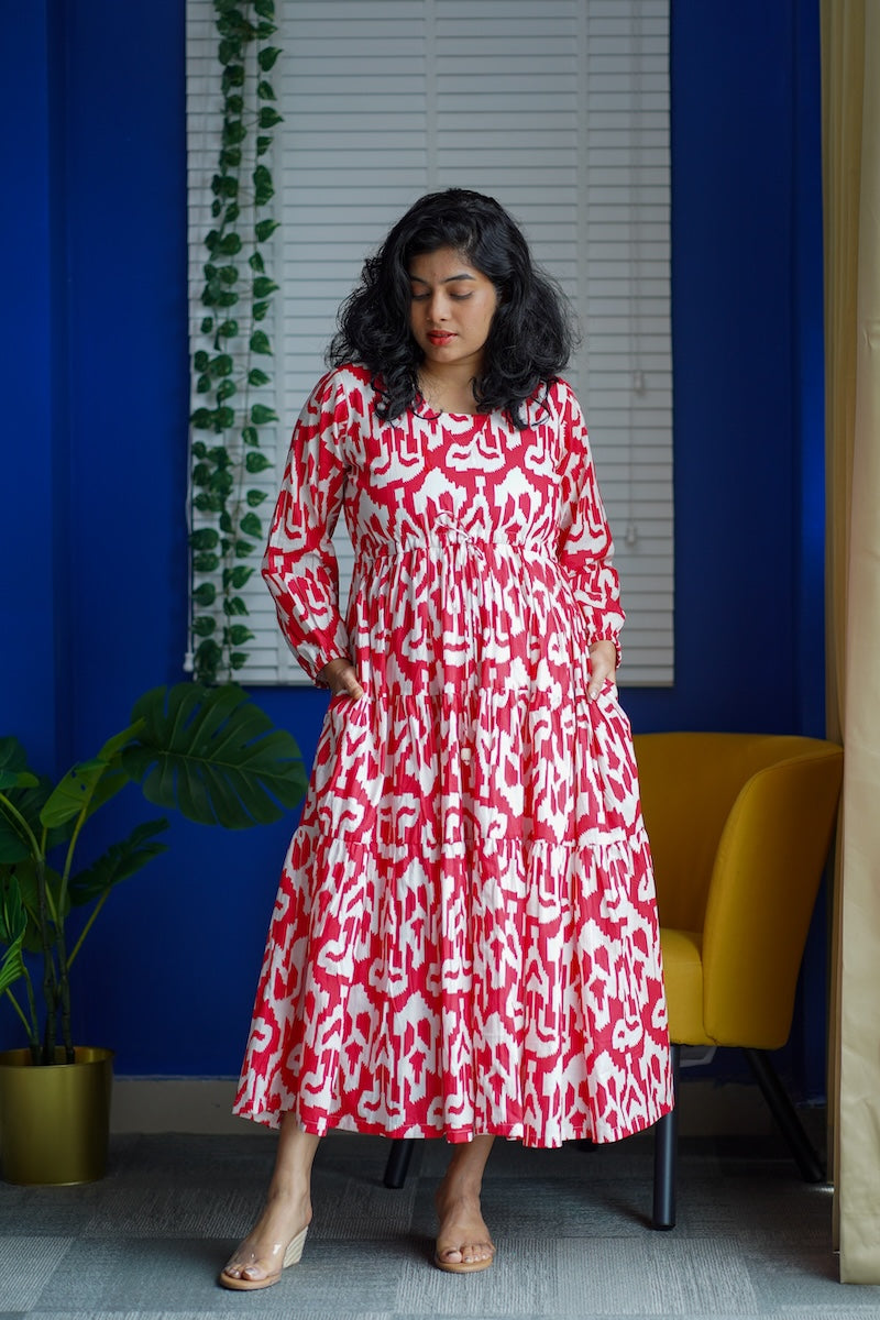 Maroba Red & White Abstract Cotton Dress