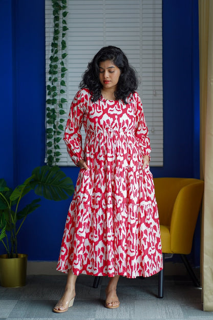 Maroba Red & White Abstract Cotton Dress
