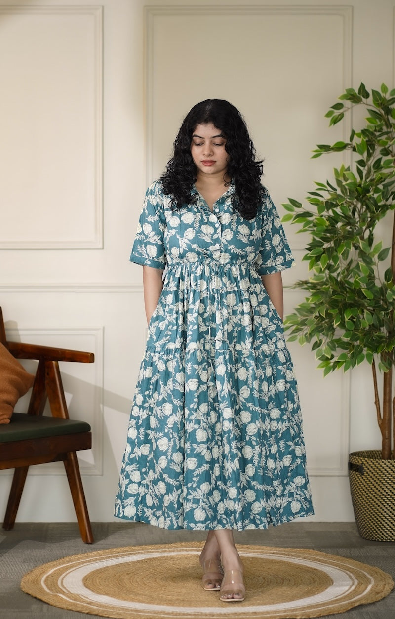 Elira Cement Blue Cotton Dress