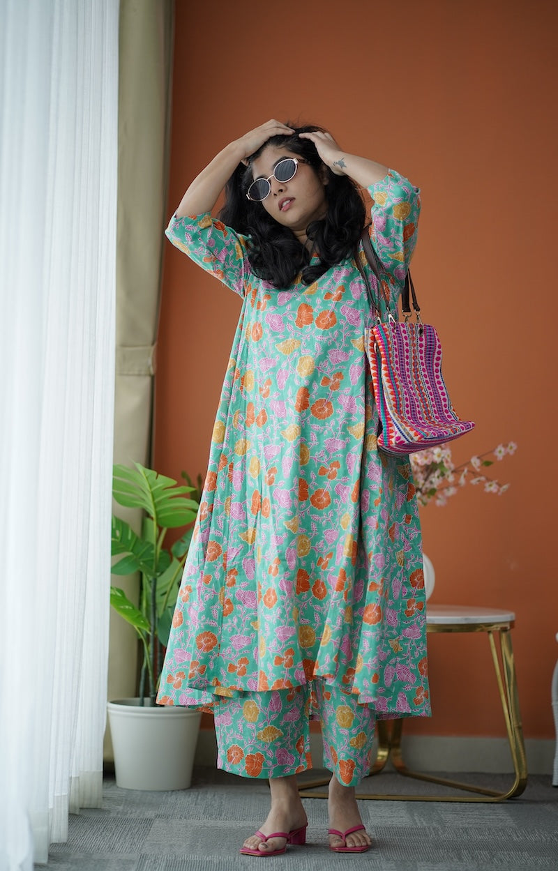 Jaan Green A-line Cotton Co-ord Set