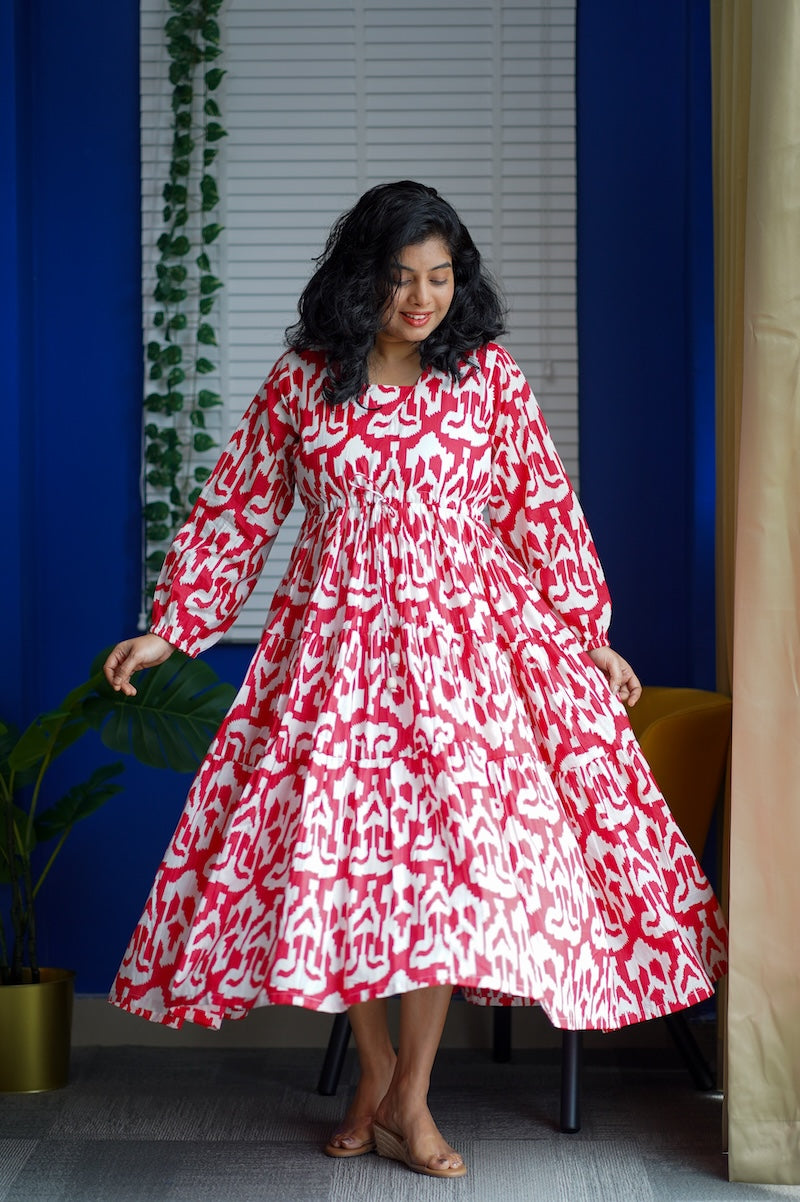 Maroba Red & White Abstract Cotton Dress