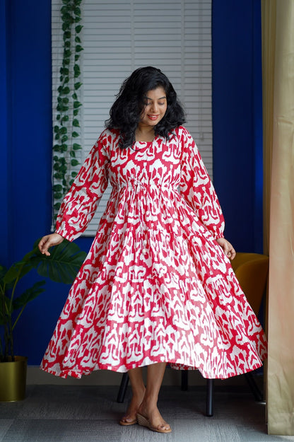 Maroba Red & White Abstract Cotton Dress