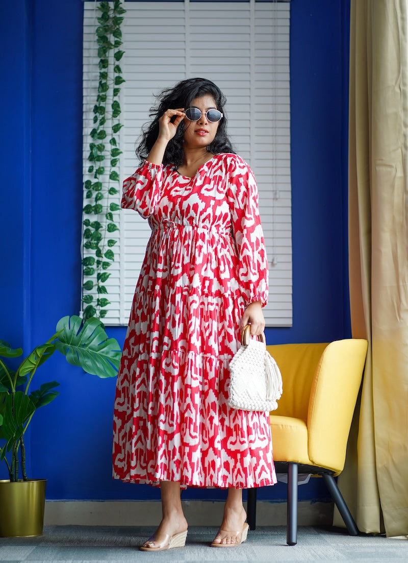 Maroba Red & White Abstract Cotton Dress