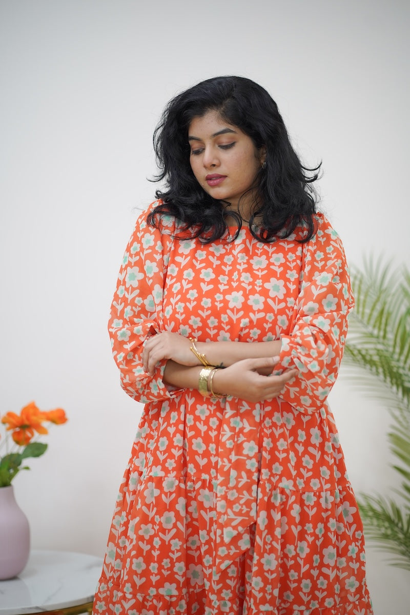 Arina Orange MiniFloral Georgette dress