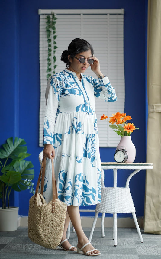 Maroba White Blue Floral Cotton Dress