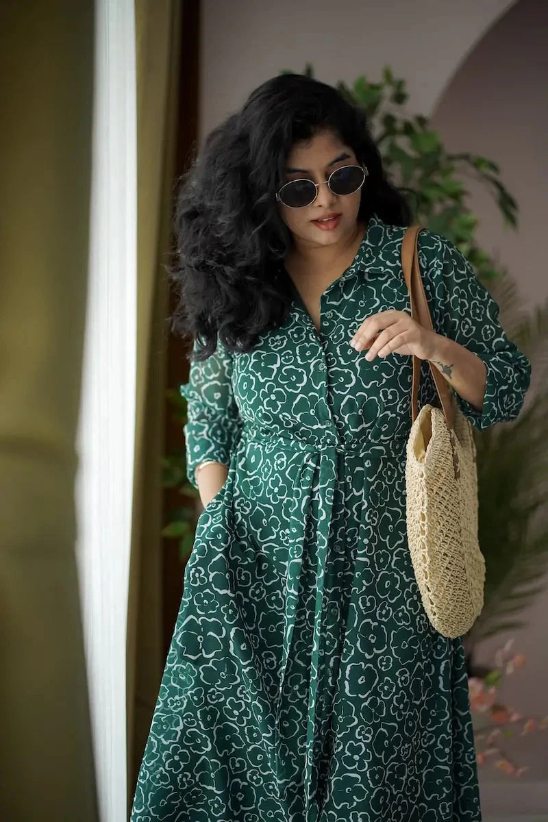 maira dark green georgette shirt dress