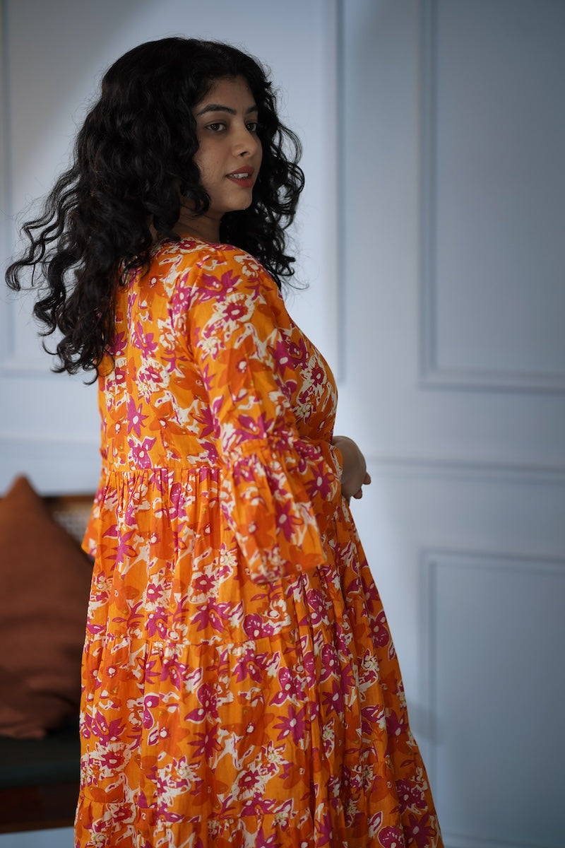 Elira Orange Floral Cotton Dress