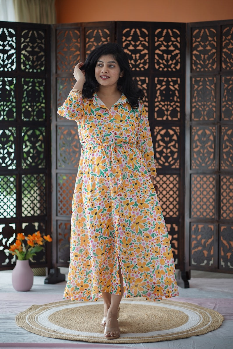 Arina WhiteYellow Floral Georgette dress