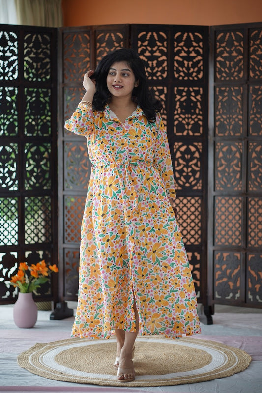 Arina WhiteYellow Floral Georgette dress