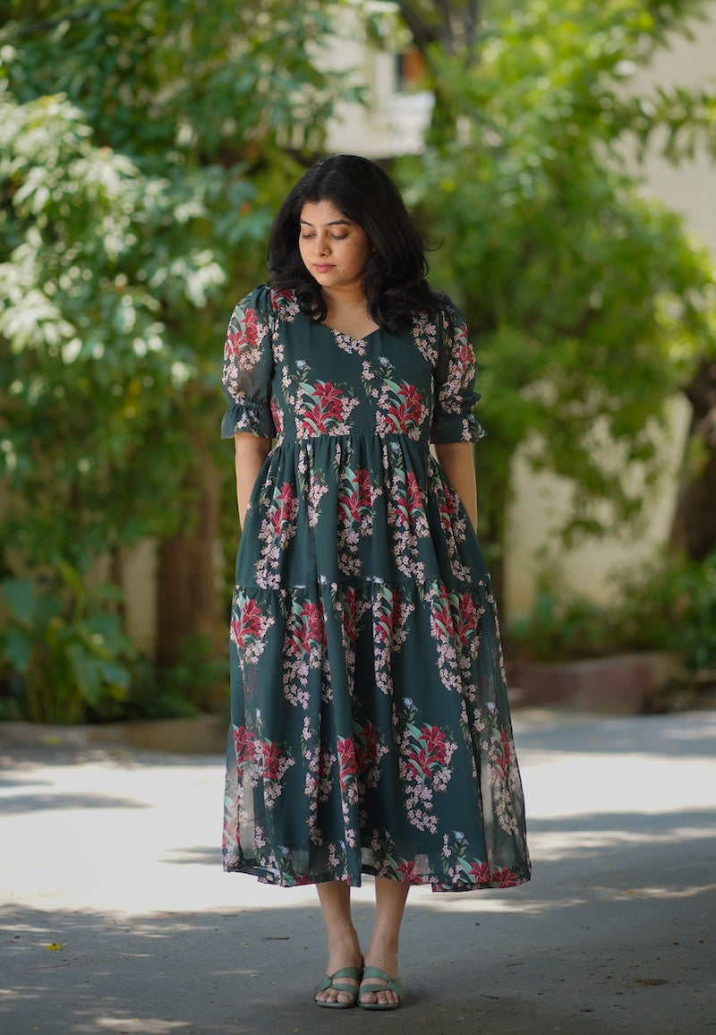 Bloom Forest Green Georgette Dress
