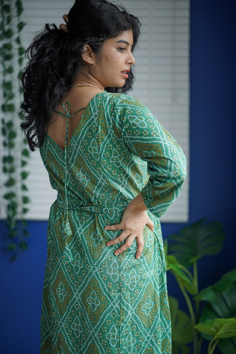 maroba green bandhini cotton aline dress