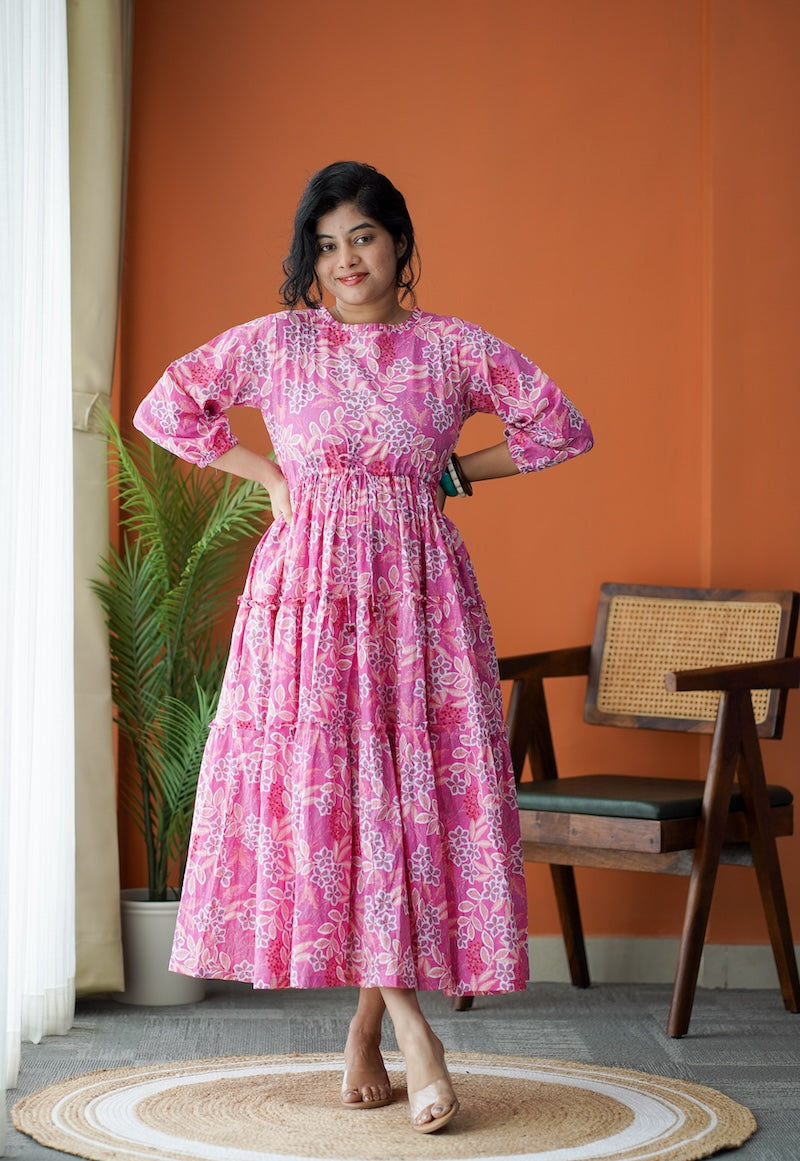 Maroba Pink Floral Cotton Tier Dress
