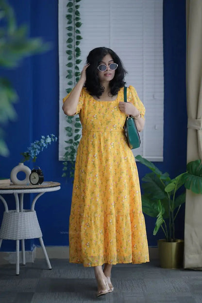 Rose Yellow Floral Georgette Dress