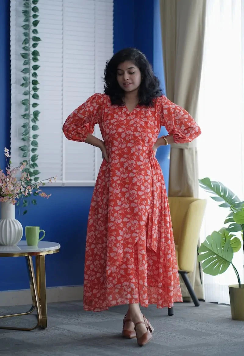 Rose Orange Floral Georgette Dress