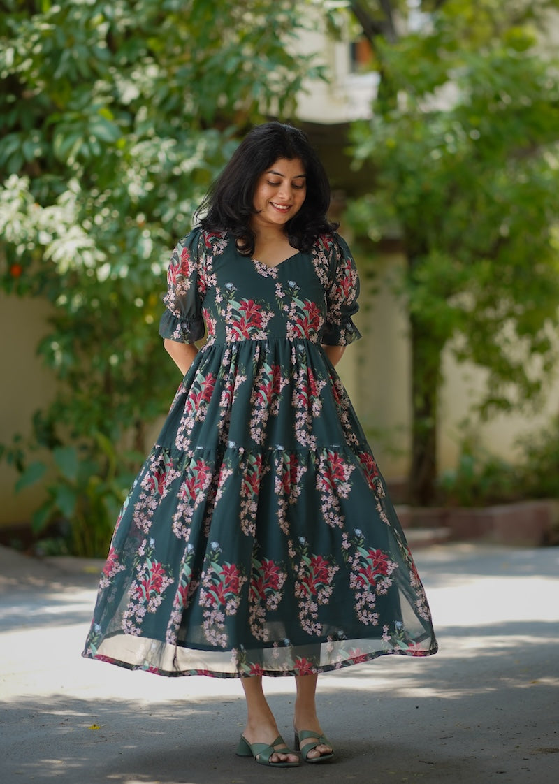 bloom forest green georgette dress