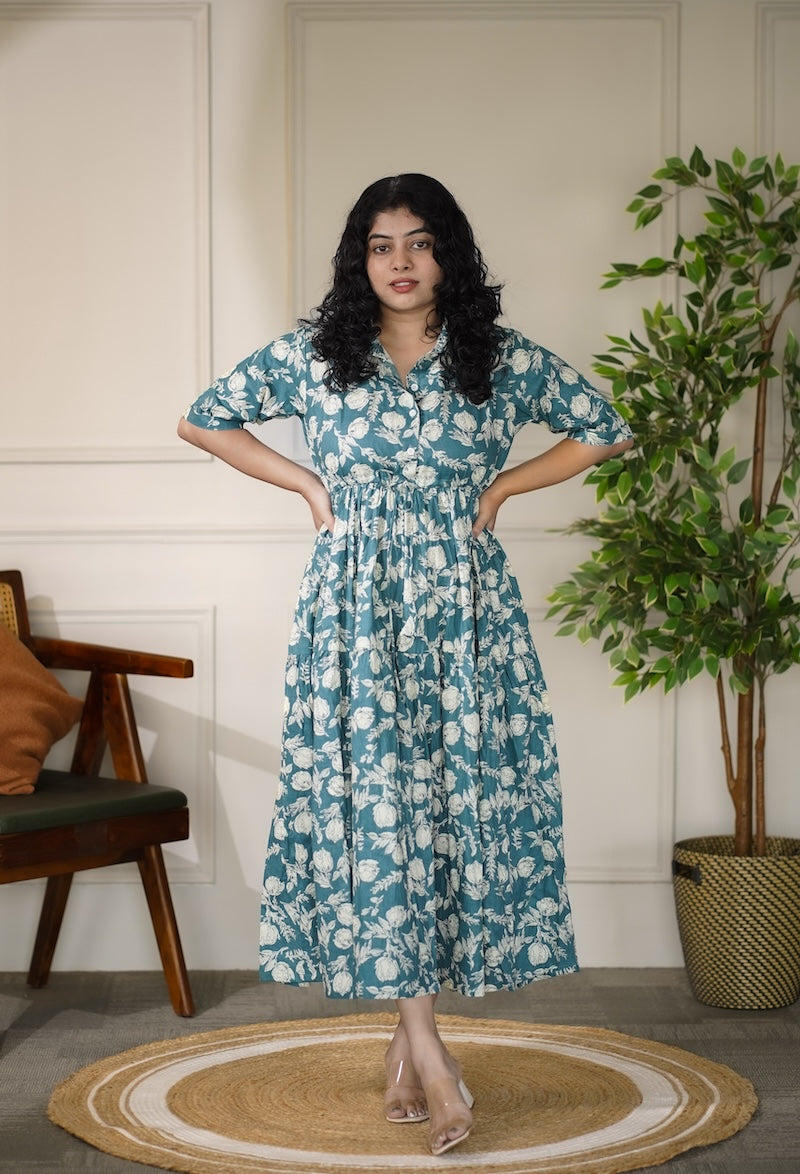 Elira Cement Blue Cotton Dress