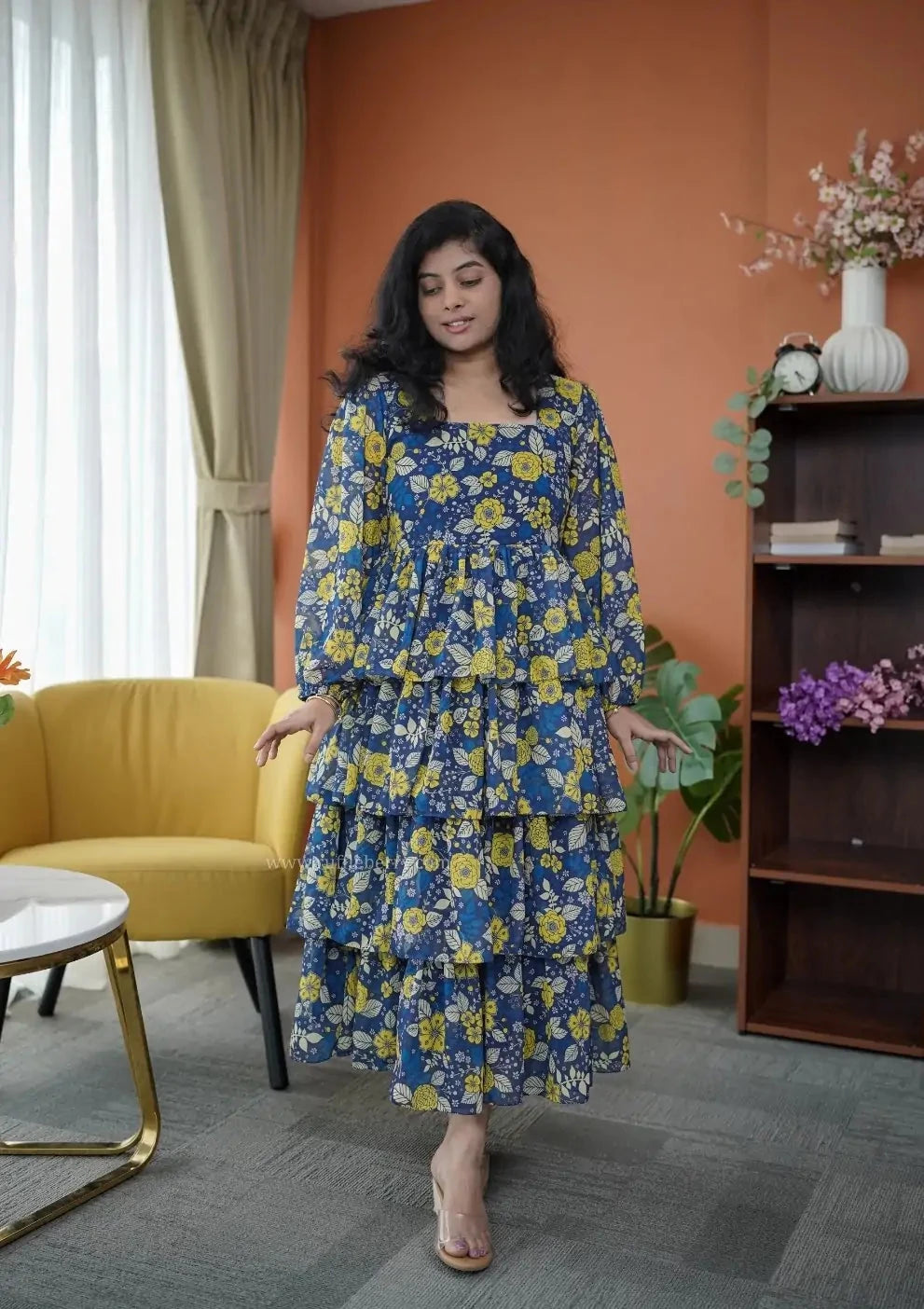 Niva Blue Yellow floral Georgette Dress