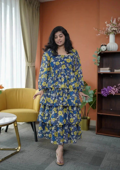 Niva Blue Yellow floral Georgette Dress