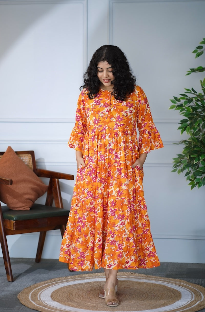 Elira Orange Floral Cotton Dress
