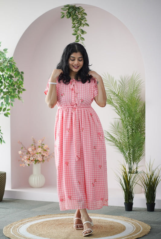Arina Gingham Pink Checkered Georgette dress