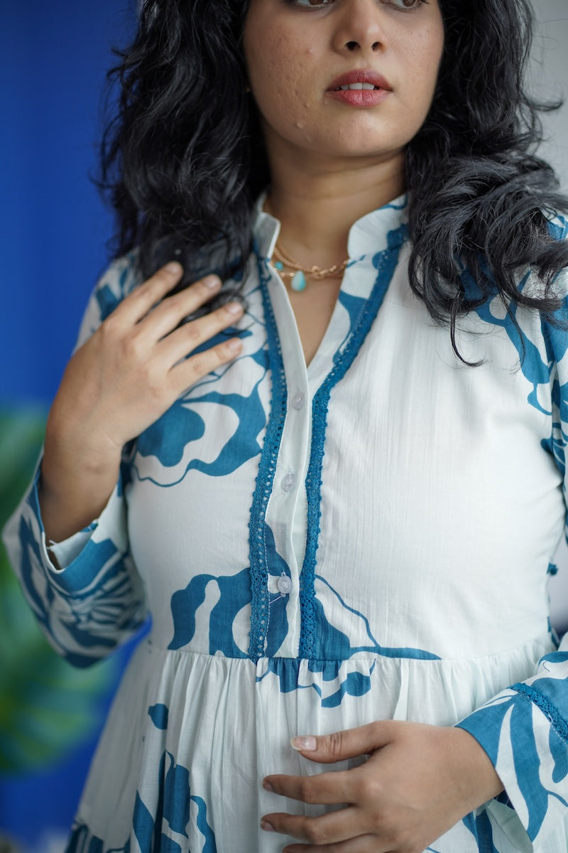 Maroba White Blue Floral Cotton Dress
