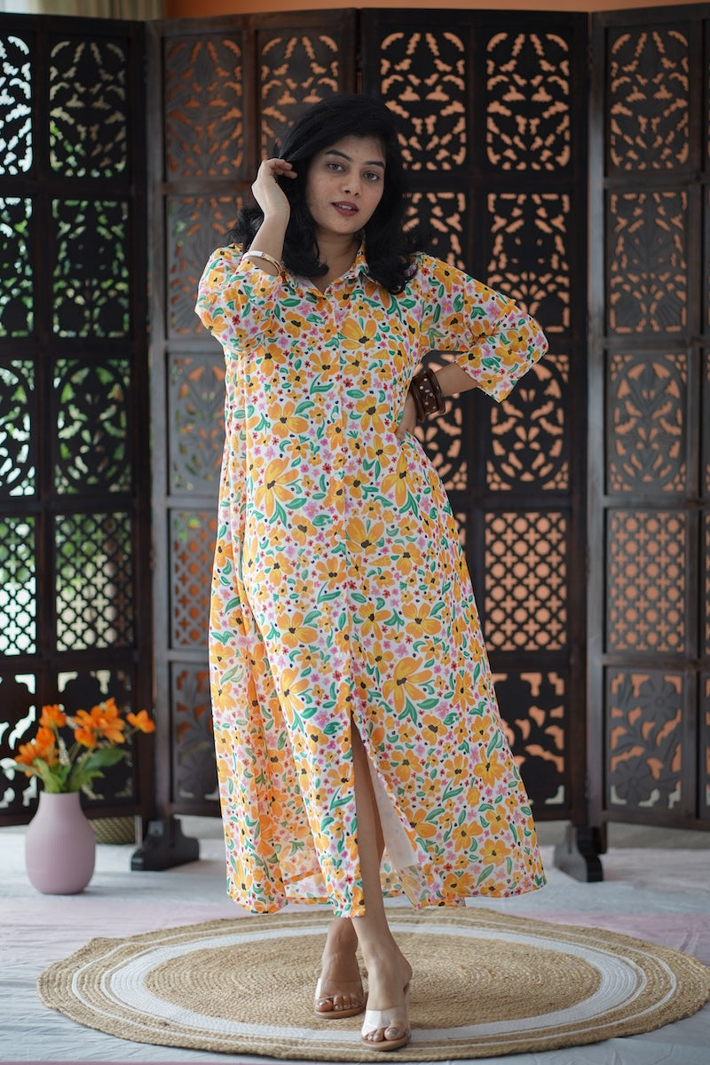 Arina WhiteYellow Floral Georgette dress