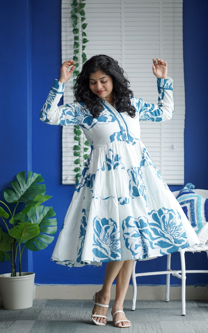 Maroba White Blue Floral Cotton Dress