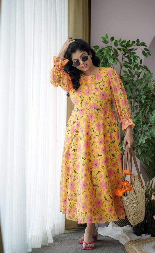 Maira Yellow Floral Georgette Dress