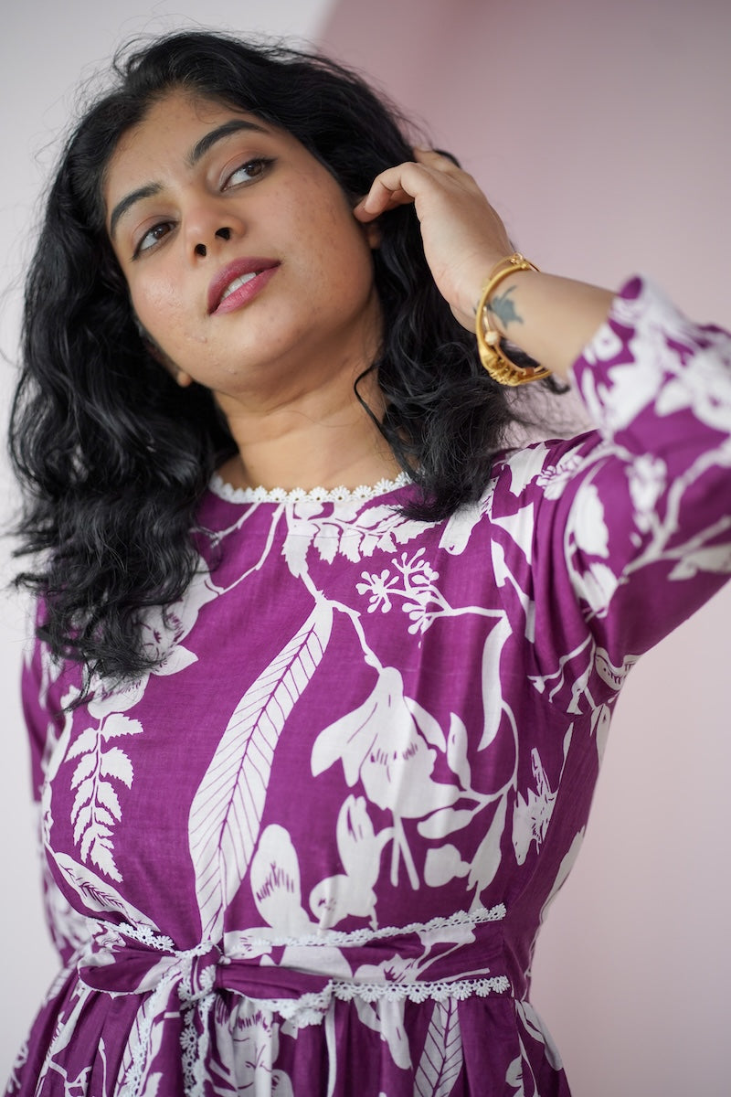 Maroba Purple WhiteFloral Cotton Tier Dress