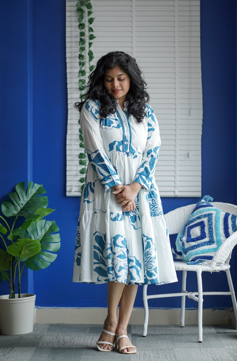 Maroba White Blue Floral Cotton Dress