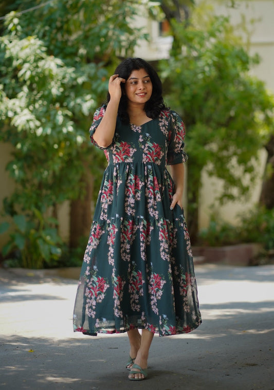 Bloom Forest Green Georgette Dress