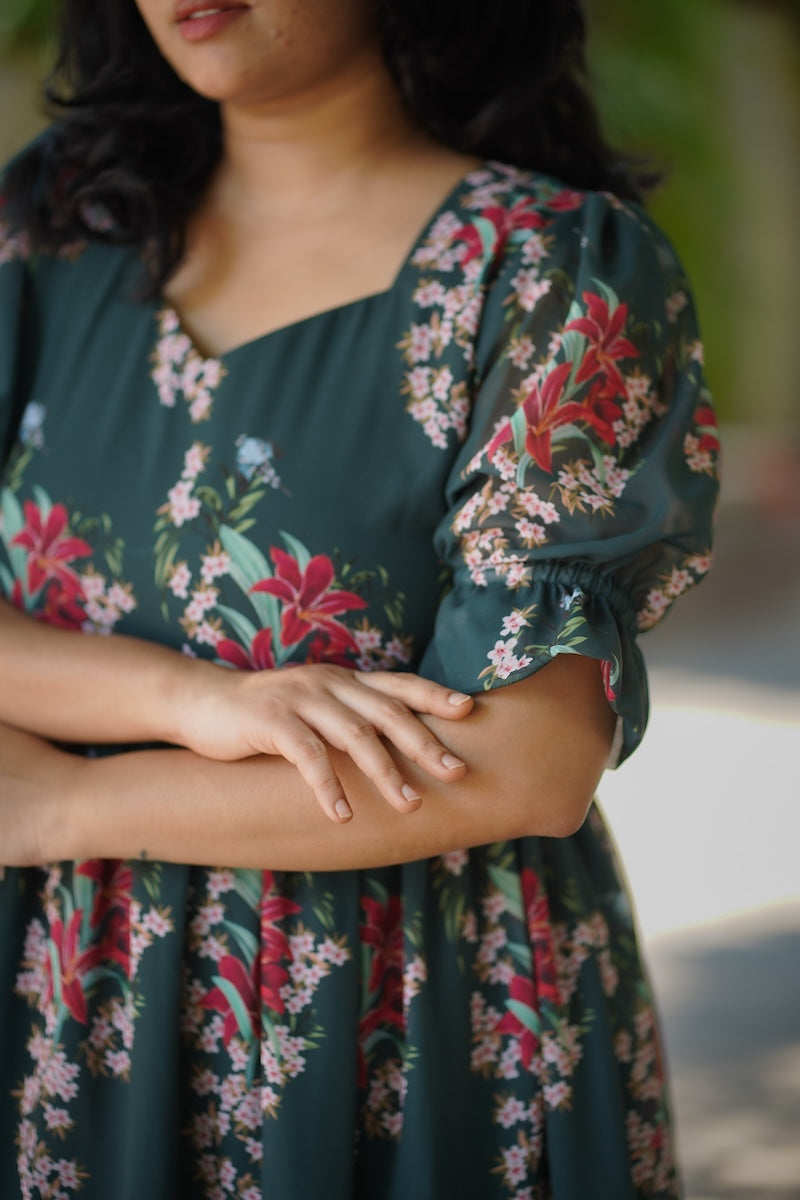 Bloom Forest Green Georgette Dress