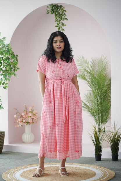 Arina Gingham Pink Checkered Georgette dress