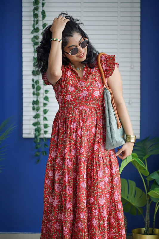 Maroba Red Floral Cotton Tier Dress