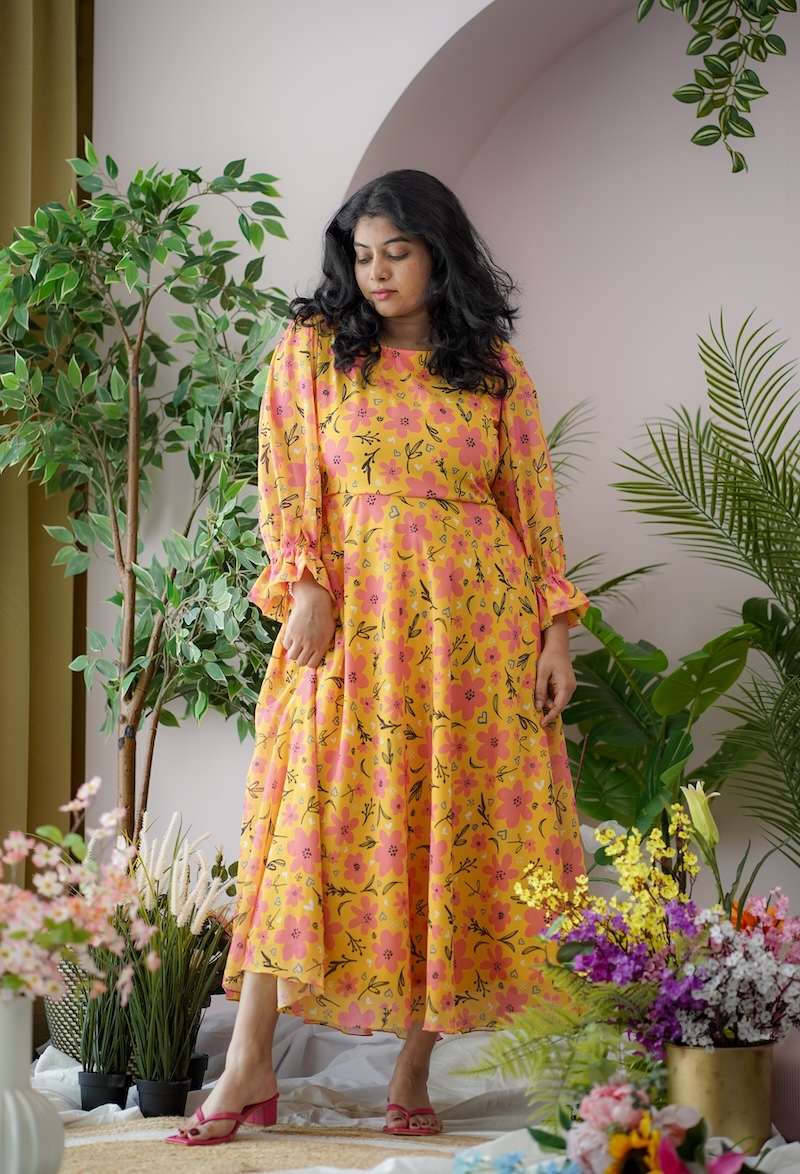 maira yellow floral georgette dress