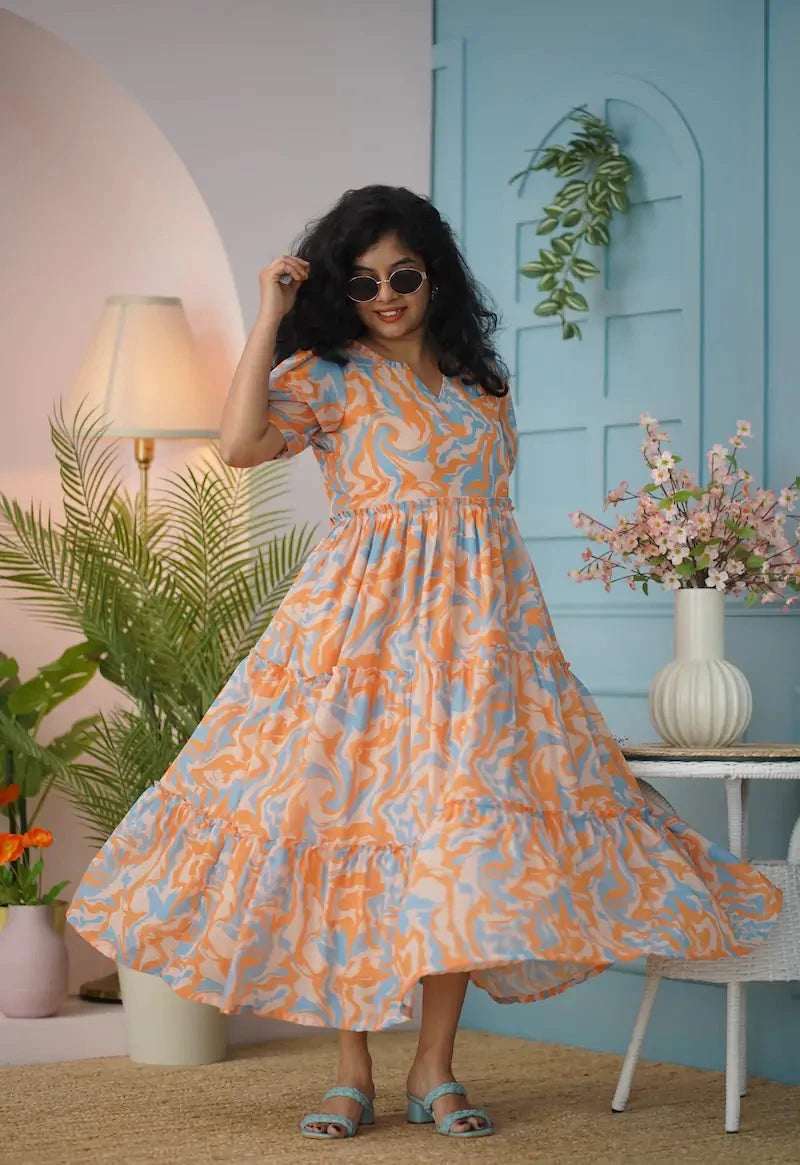 maira orange abstract georgette dress