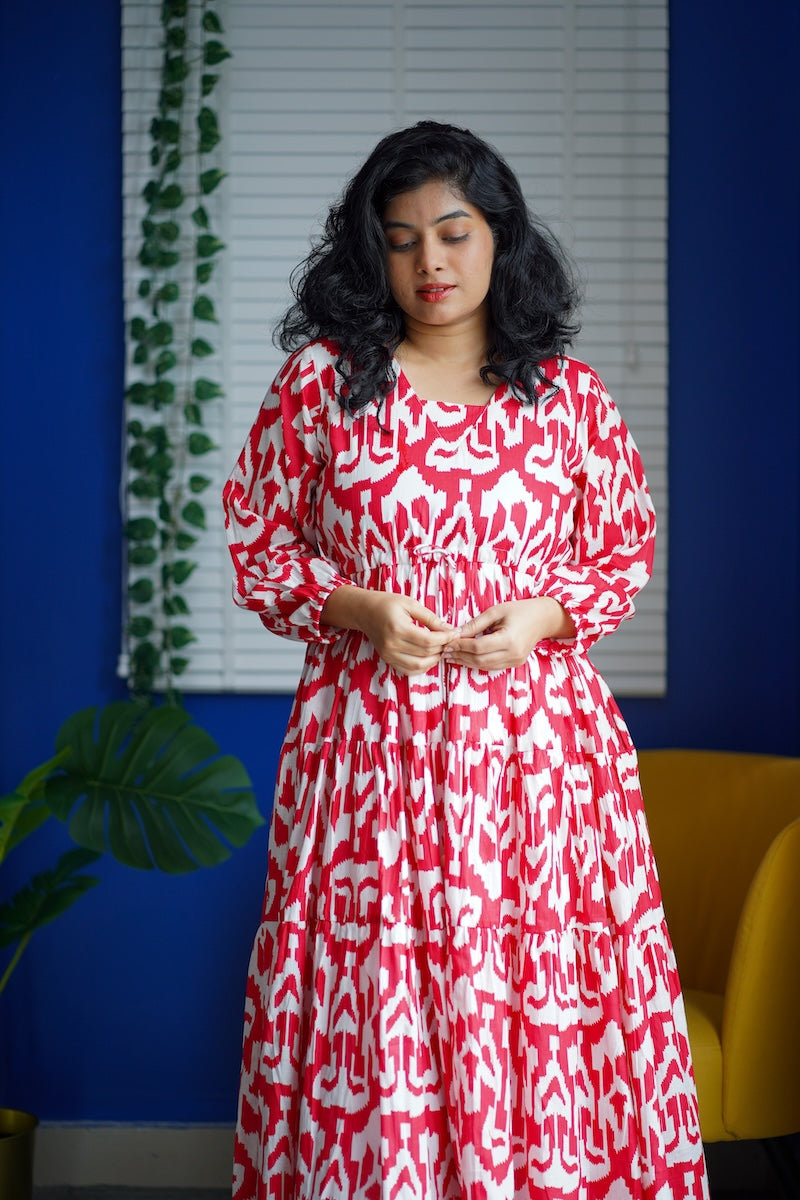 Maroba Red & White Abstract Cotton Dress