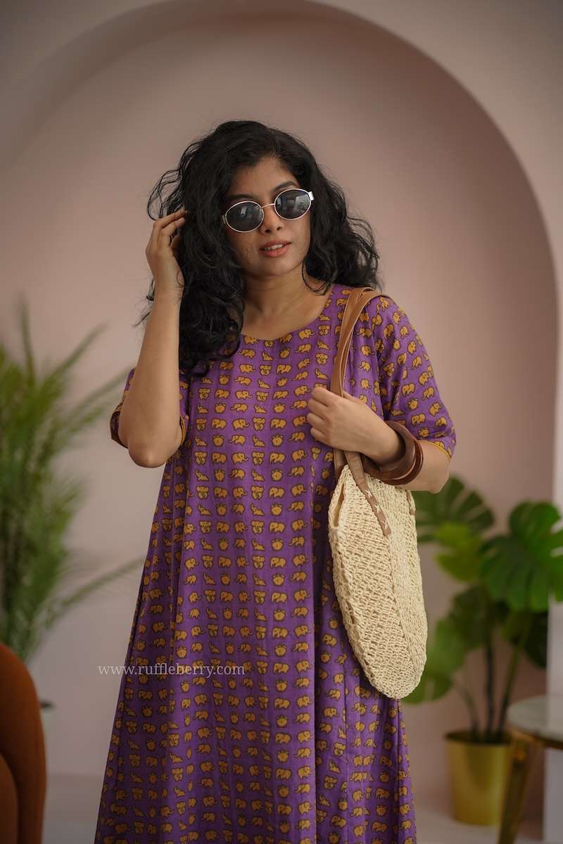 Augusta Mauve Elephant Print Cotton Dress