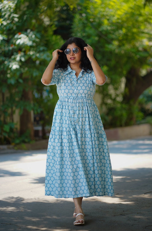 Laya LightBlue Cotton Tier Dress