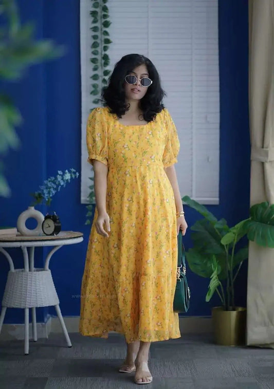 Rose Yellow Floral Georgette Dress