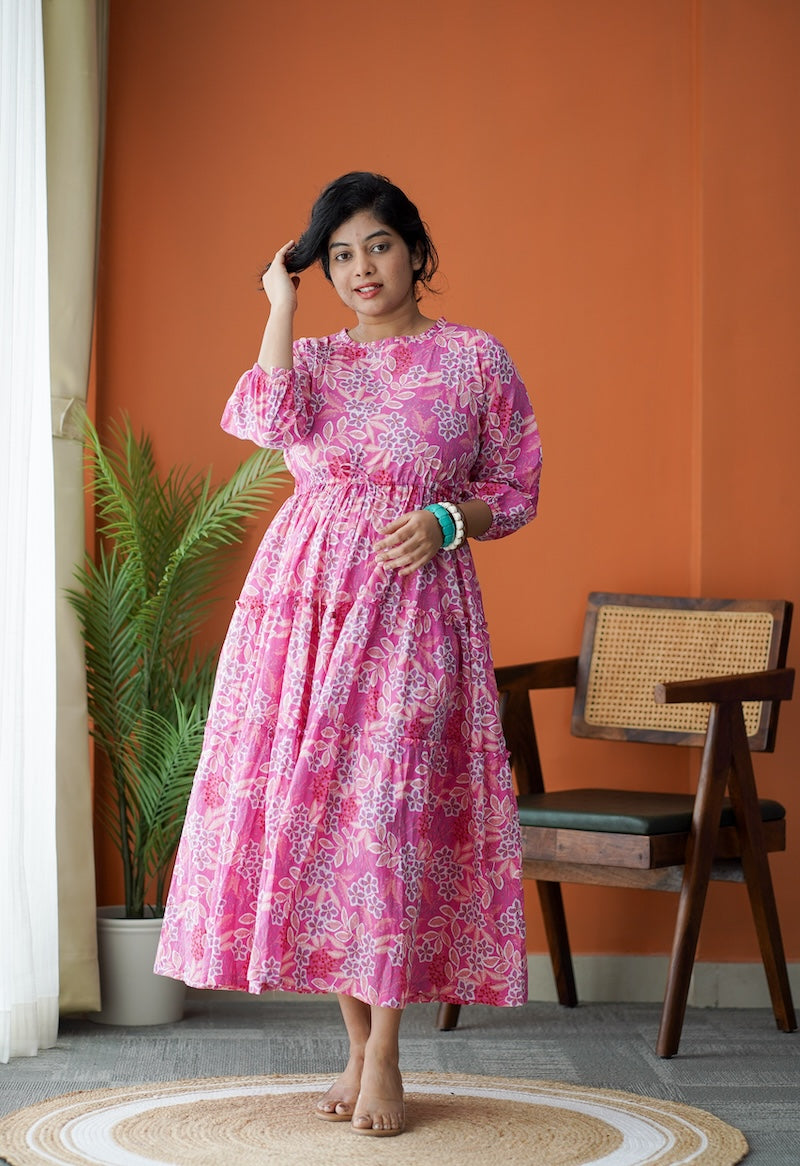 Maroba Pink Floral Cotton Tier Dress