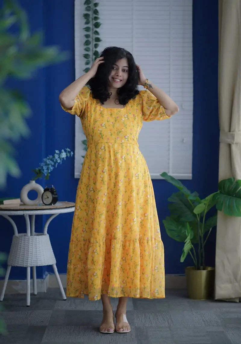 Rose Yellow Floral Georgette Dress