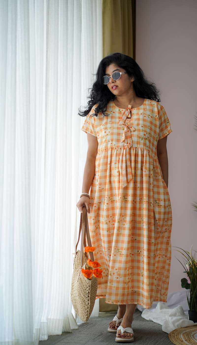 maira yellow gingham georgette dress