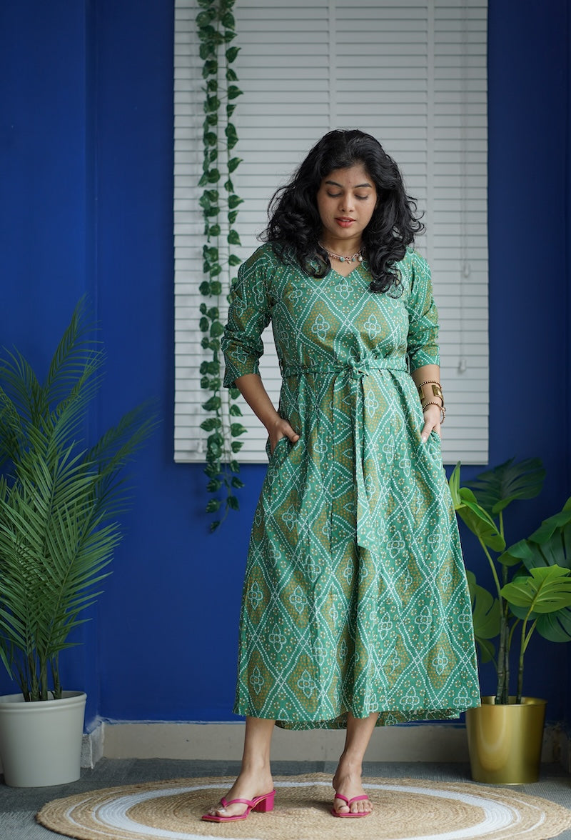 maroba green bandhini cotton aline dress