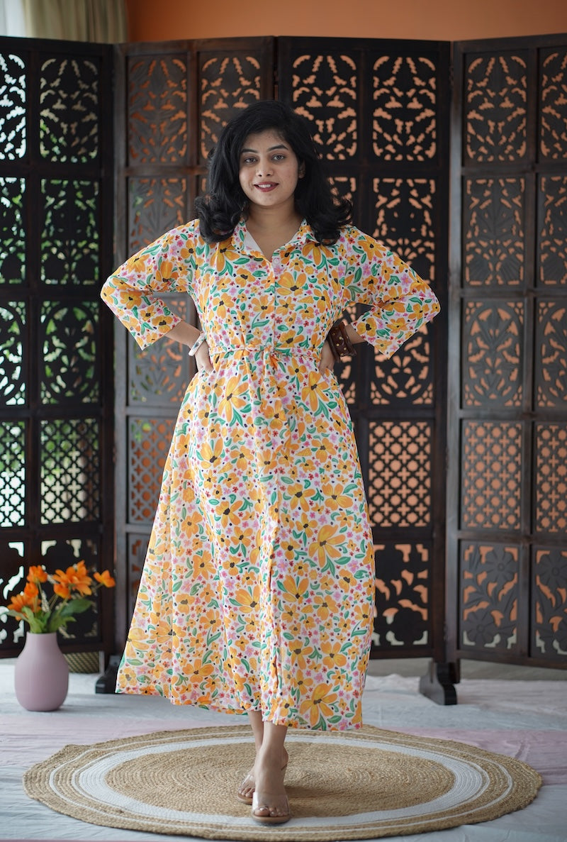 Arina WhiteYellow Floral Georgette dress