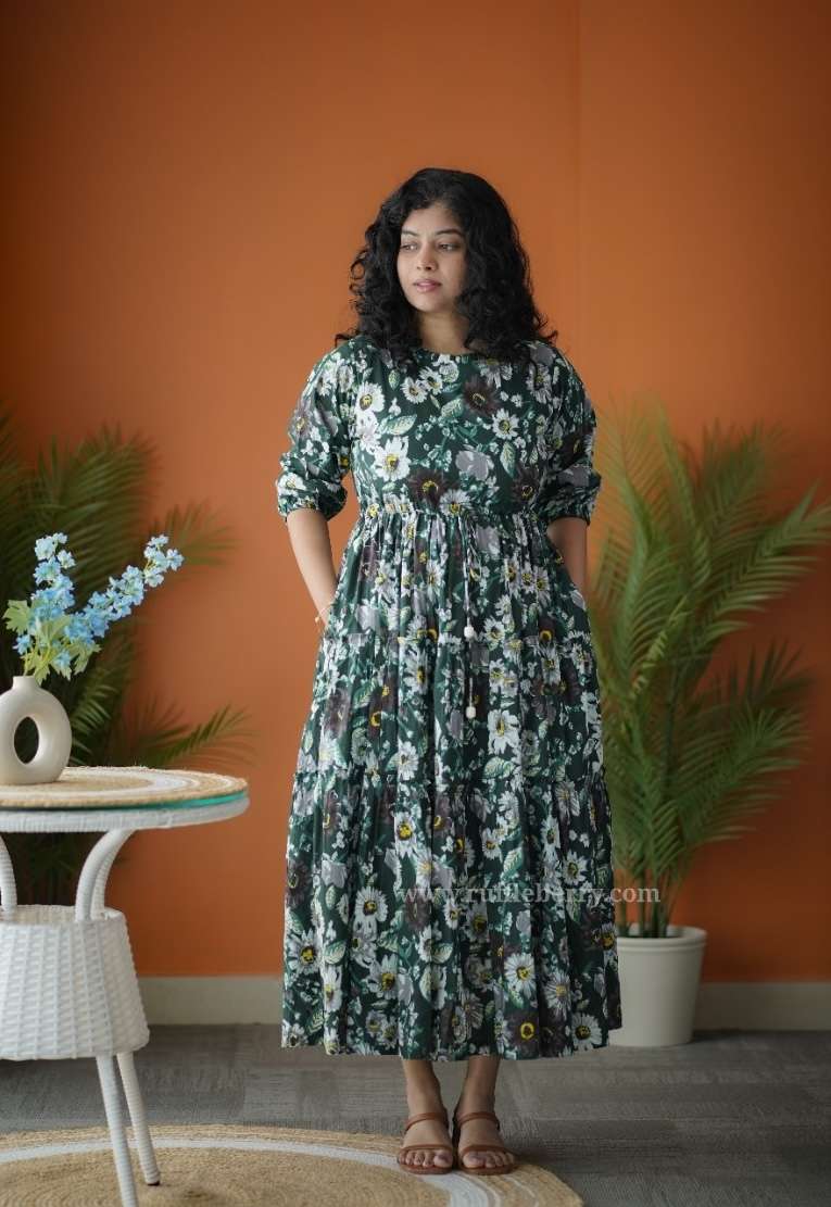 augusta darkgreen floral cotton tier dress